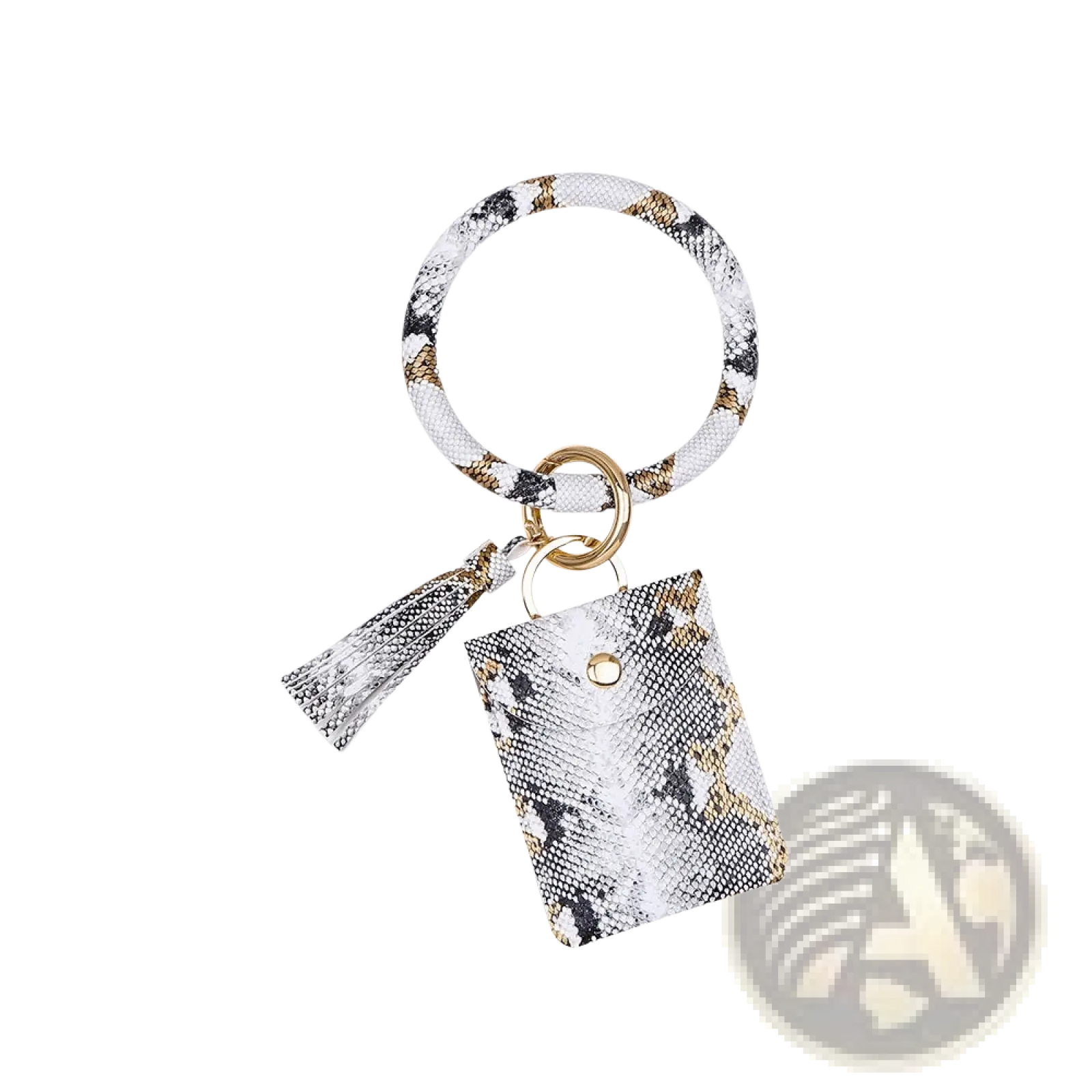 Leather wristlet keychain card holder with tassel in white black and gold snake-print faux leather material