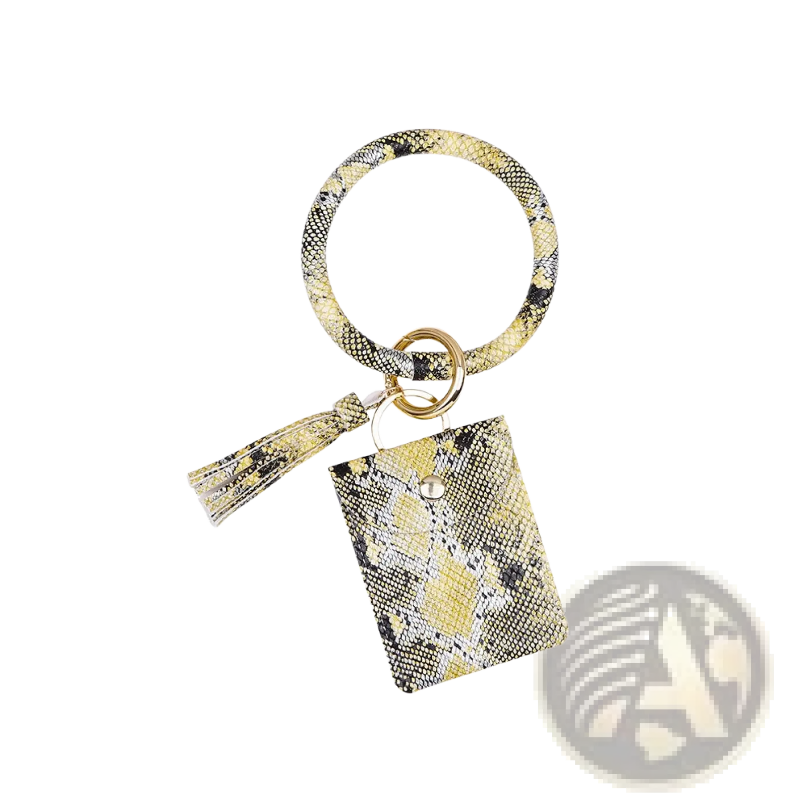 Leather wristlet keychain card holder in yellow and black snake print with matching pouch and tassel accessory