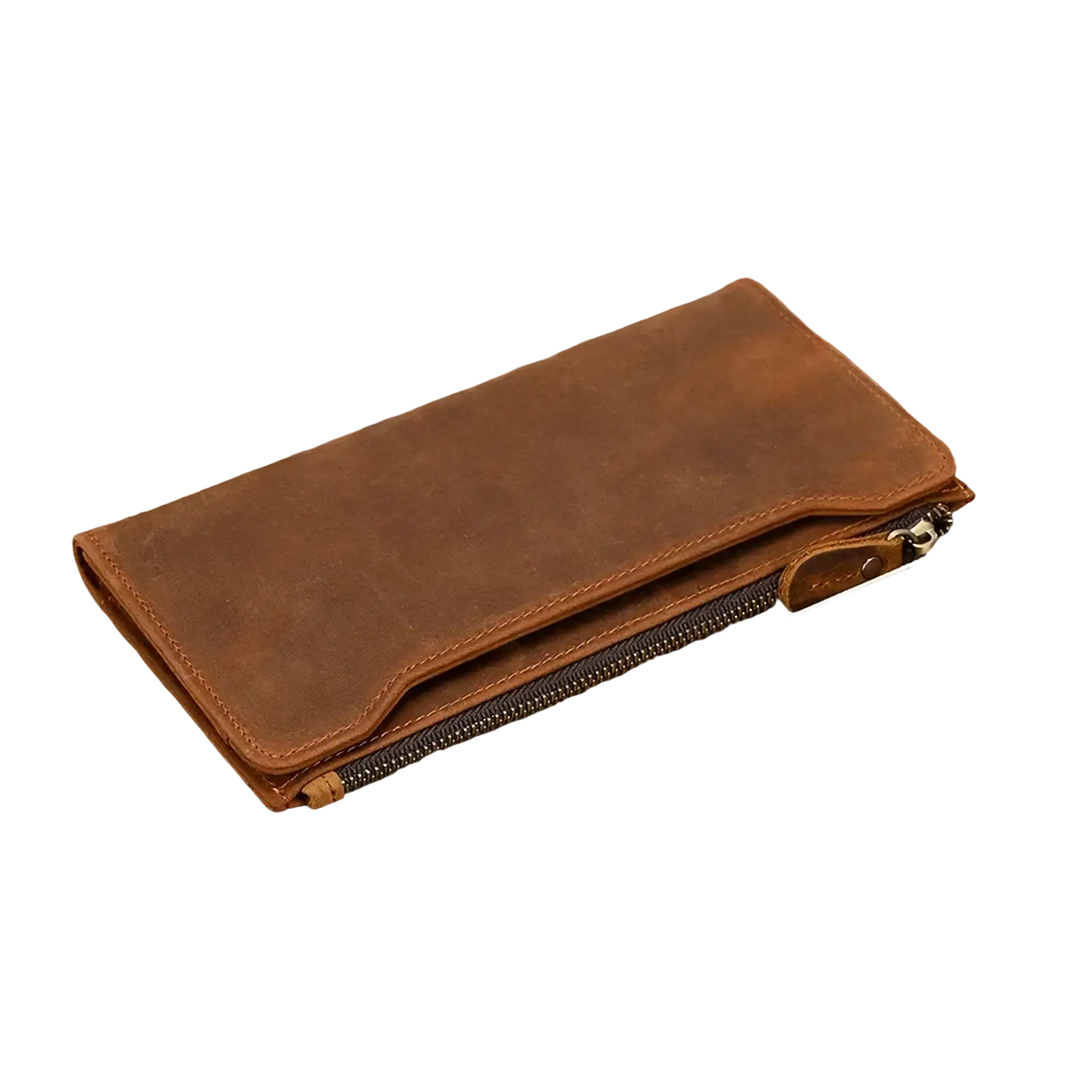 Brown leather zip wallet for men and women with zipper closure and visible stitching detailing