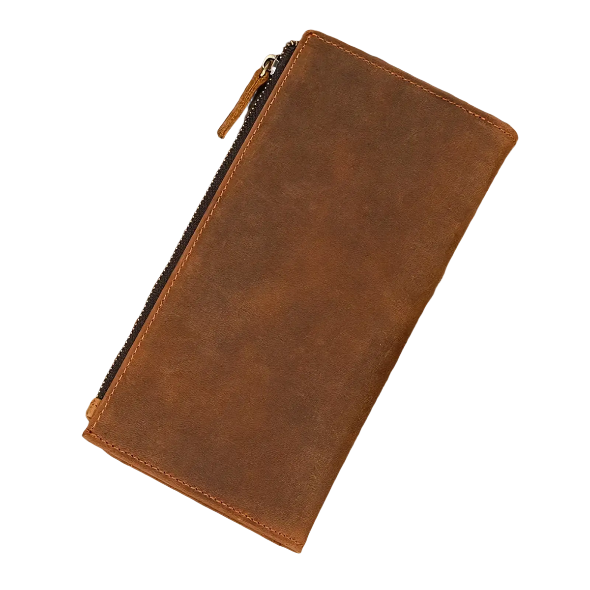 Leather zip wallet for men and women in brown leather with zipper closure and detailed visible stitching