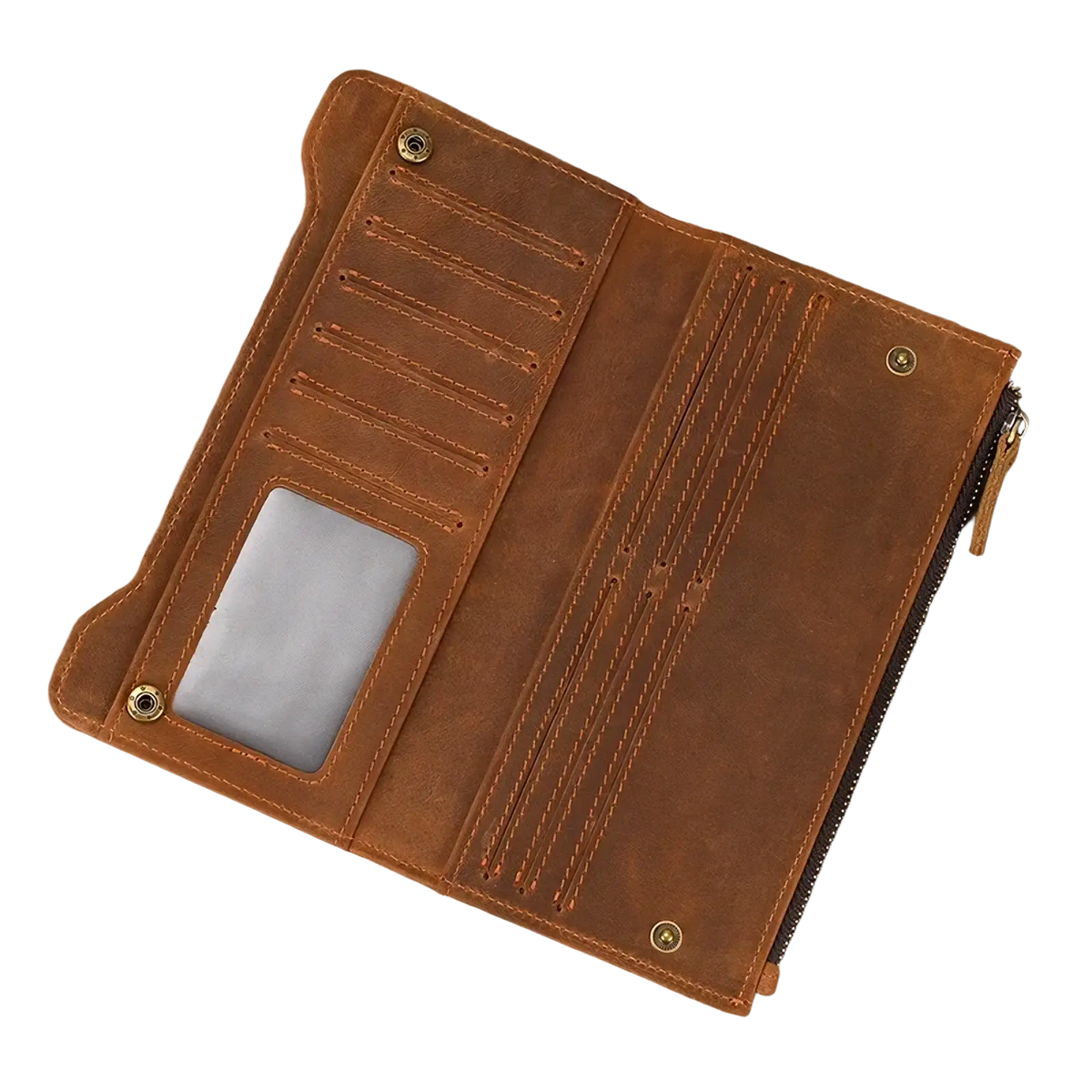 Brown leather zip wallet for men and women with multiple card slots transparent id window and brass hardware