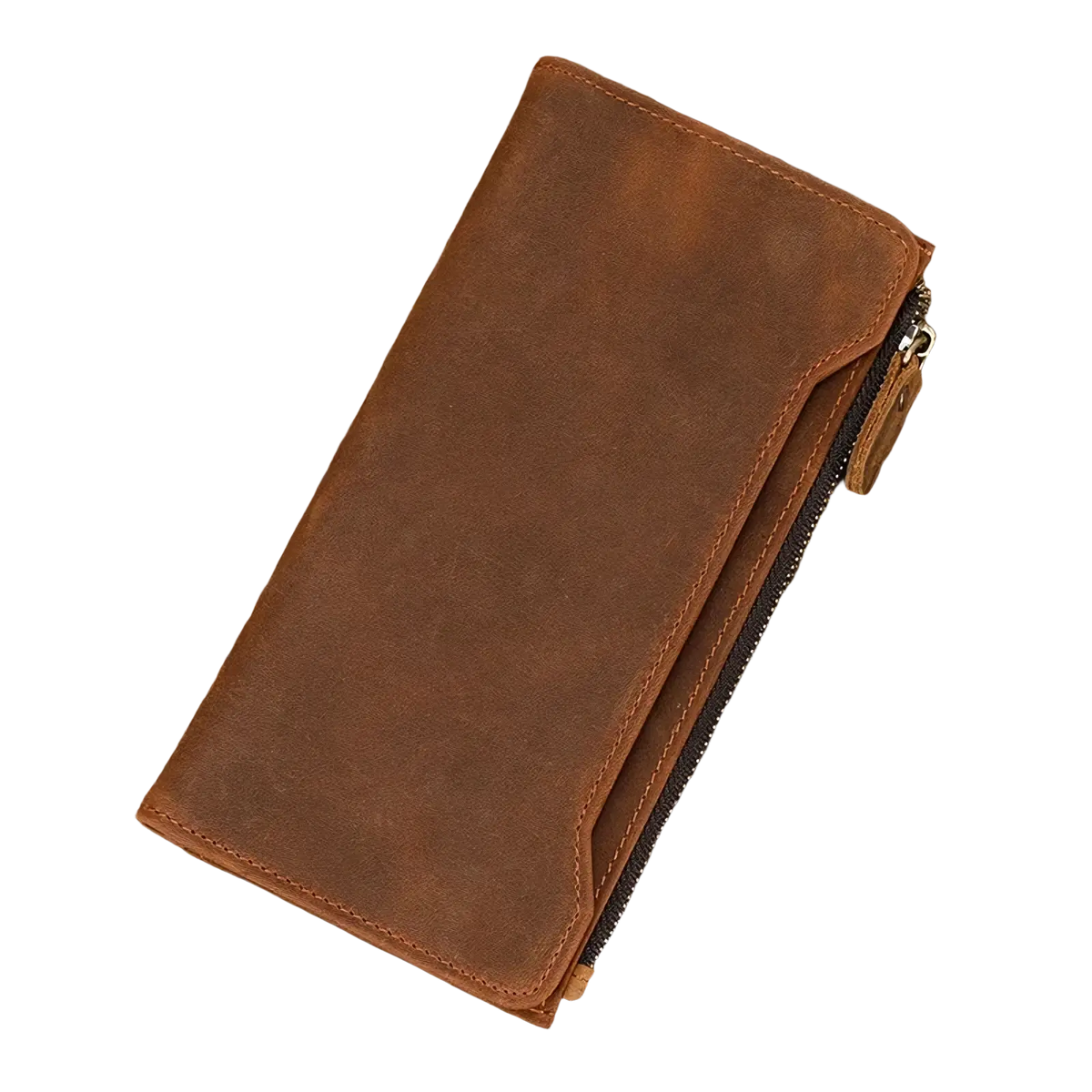 Brown leather zip wallet for men and women with zipper closure and visible stitching for secure storage