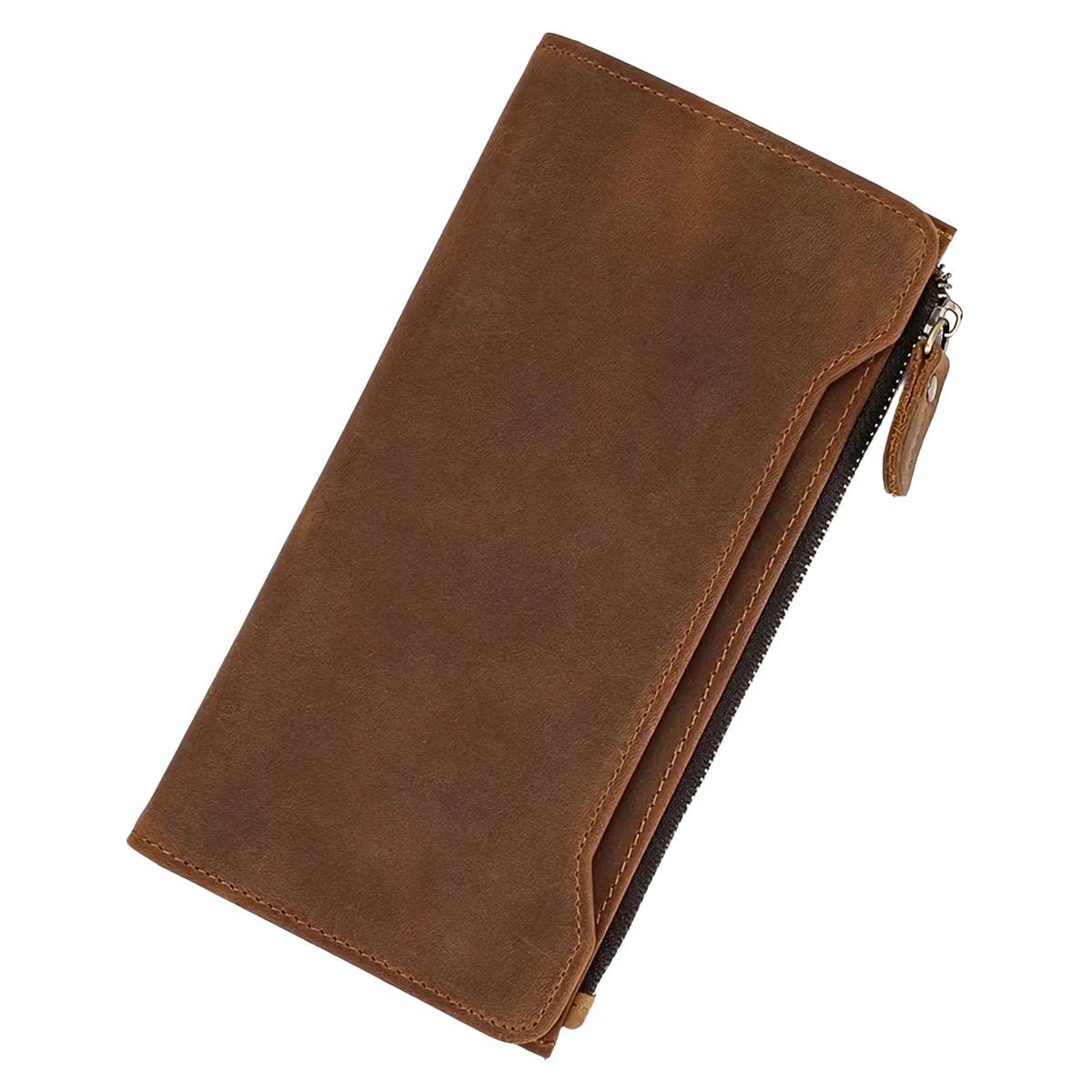 Leather zip wallet for men and women in brown leather with zipper closure and matching stitching