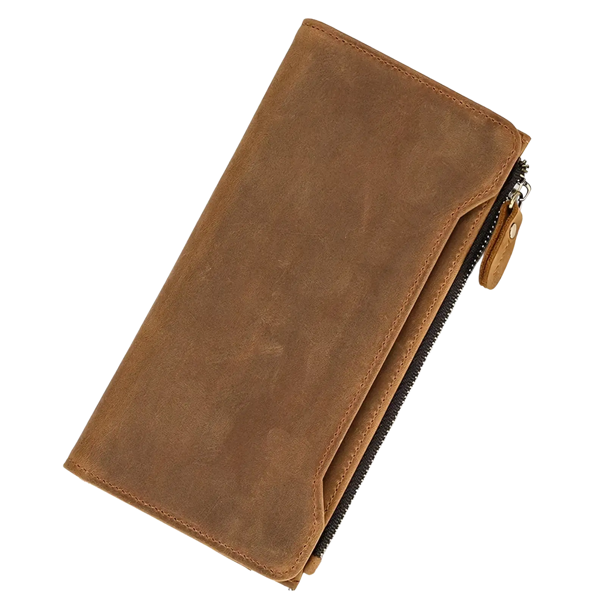 Brown leather zip wallet for men and women with a zipper closure and visible stitching detail