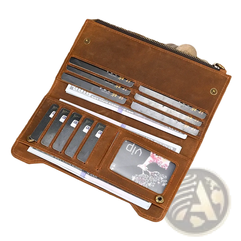 Brown leather zip wallet for men and women featuring multiple card slots and a transparent id window