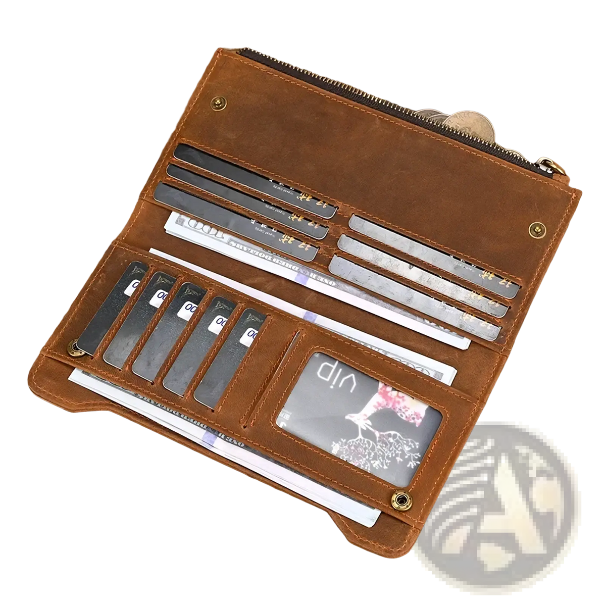 Brown leather zip wallet for men and women featuring multiple card slots and a transparent id window