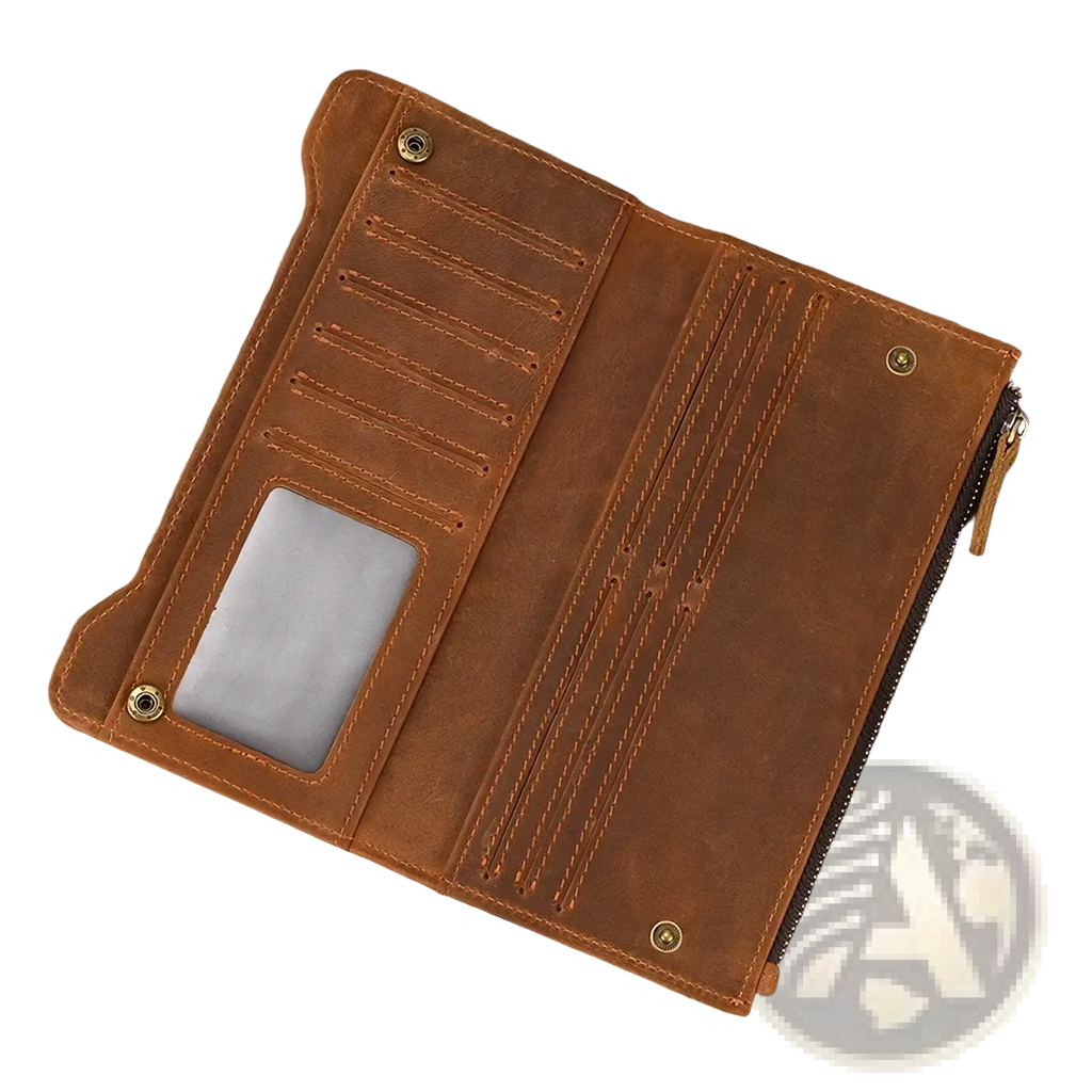 Brown leather zip wallet for men and women with multiple card slots transparent id window and brass hardware