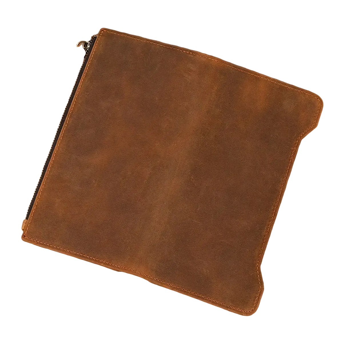 Brown leather zip wallet for men and women with textured surface and visible stitching along the edges