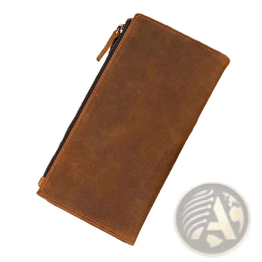 Leather zip wallet for men and women in brown leather with zipper closure and detailed visible stitching