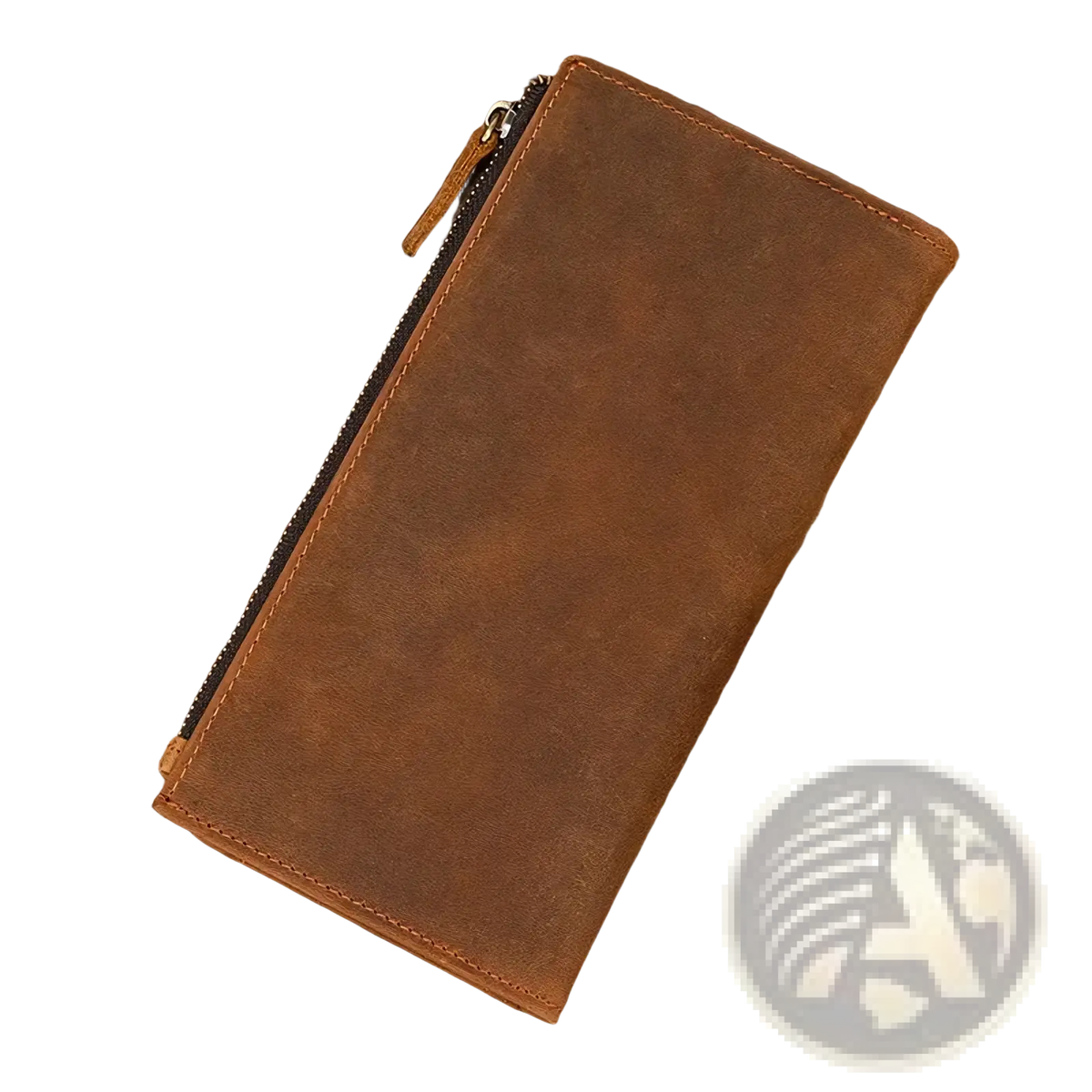Leather zip wallet for men and women in brown leather with zipper closure and detailed visible stitching