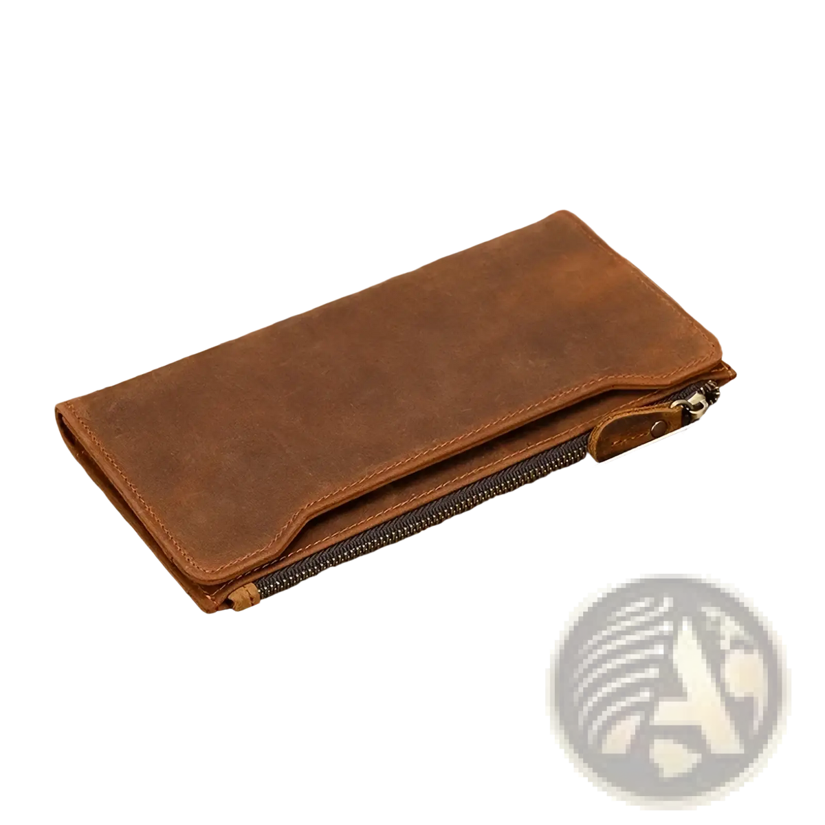 Brown leather zip wallet for men and women with zipper closure and visible stitching detailing