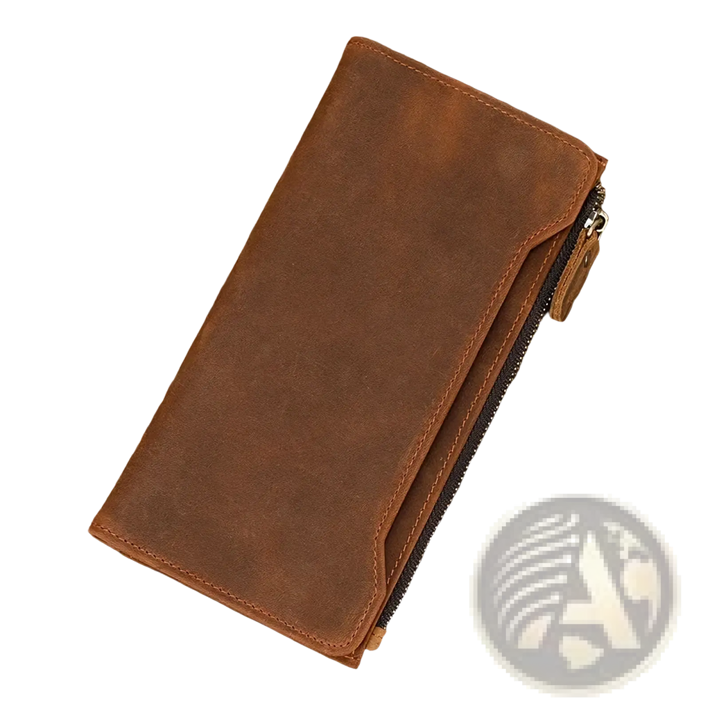 Brown leather zip wallet for men and women with zipper closure and visible stitching for secure storage