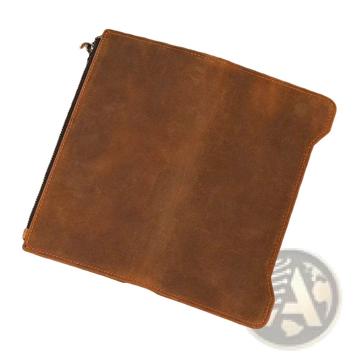 Brown leather zip wallet for men and women with textured surface and visible stitching along the edges