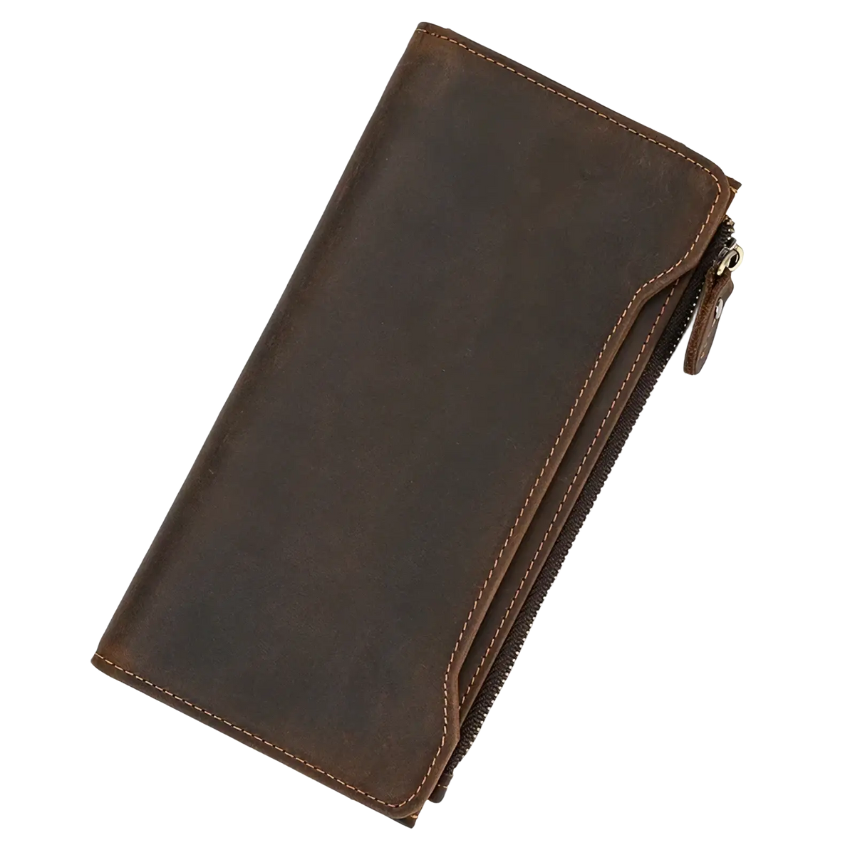 Dark brown leather zip wallet for men and women with visible stitching and secure zipper closure