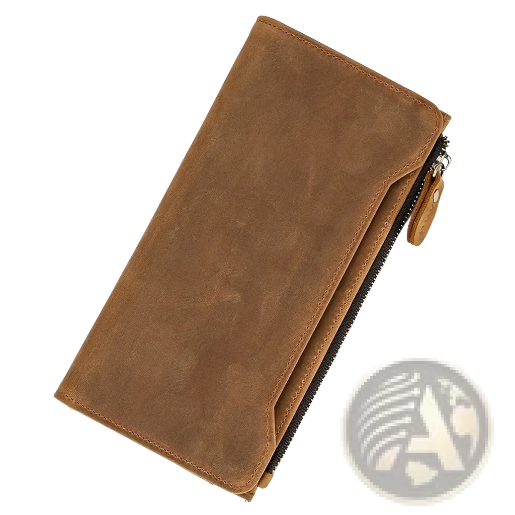 Brown leather zip wallet for men and women with a zipper closure and visible stitching detail