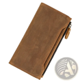 Brown leather zip wallet for men and women with a zipper closure and visible stitching detail