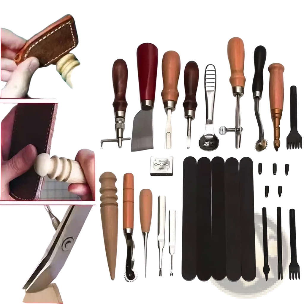 Brown leatherworking tool set with wooden and metal handles and diamond punches in a compact toolkit