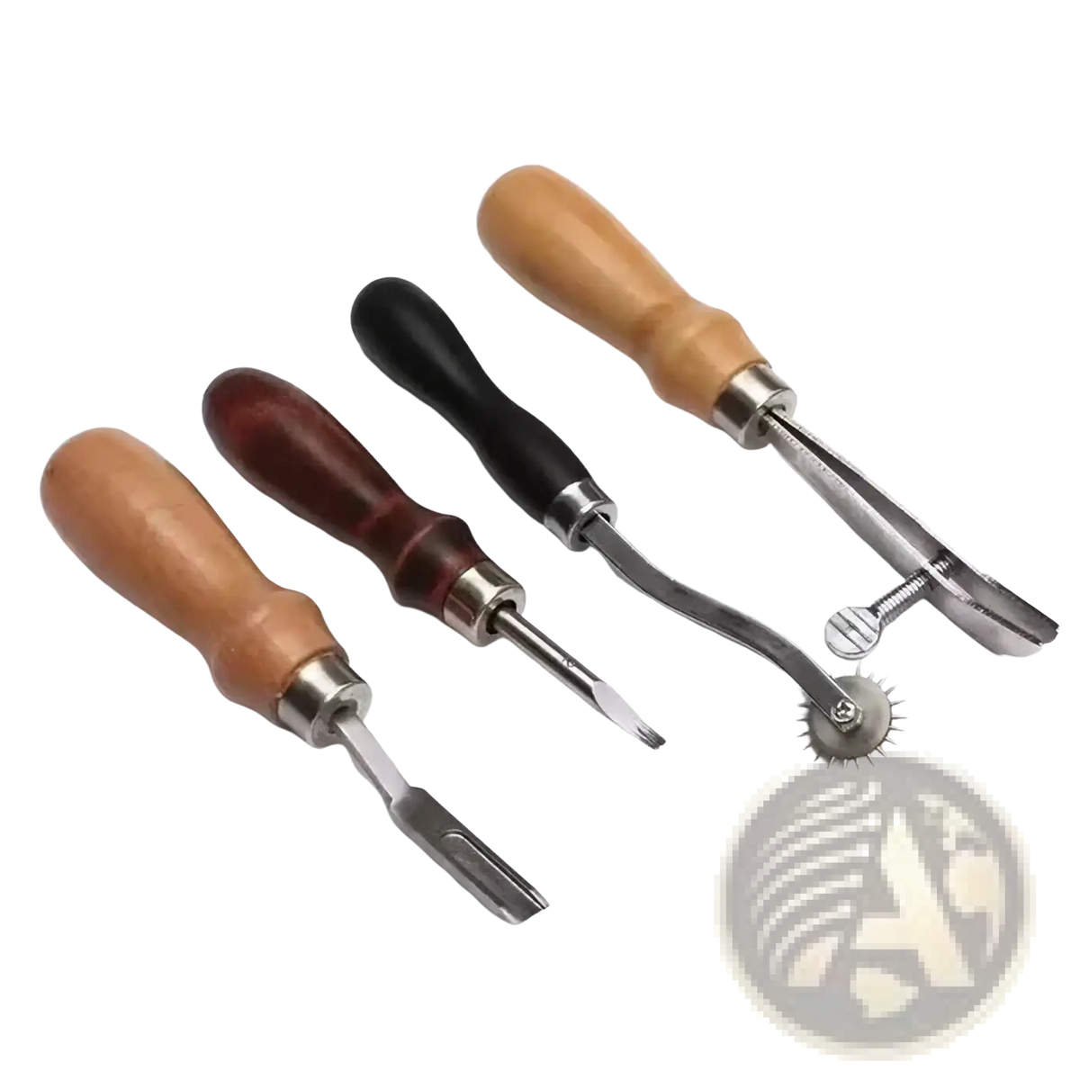 Set of four leatherworking tools with wooden grips and metal diamond punch tips for precise leather crafting