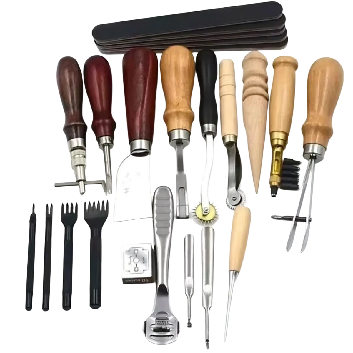 Leatherworking tool set with wooden handles and metal tips including punches awls cutters and finishing tools