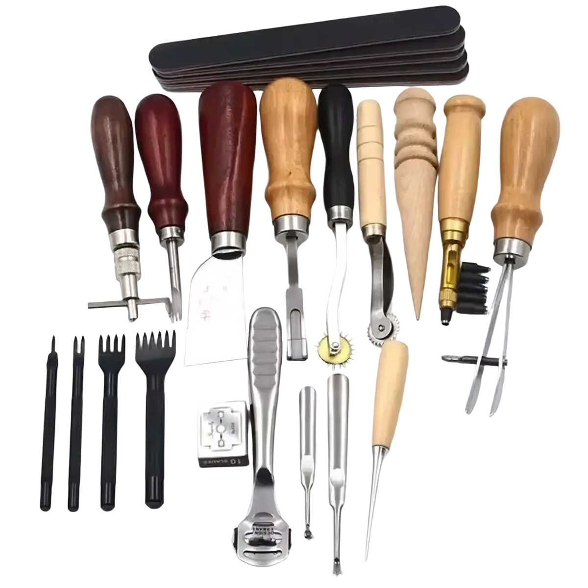 Set of leatherworking tools with wooden and black handles and metal blades including diamond punches