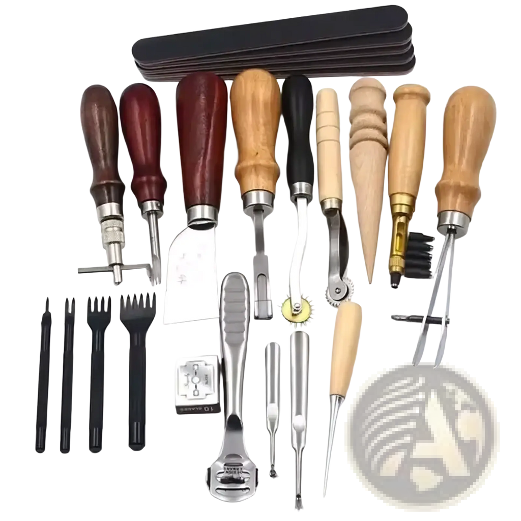 Set of leatherworking tools with wooden and black handles and metal blades including diamond punches