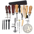 Set of leatherworking tools with wooden and black handles and metal blades including diamond punches