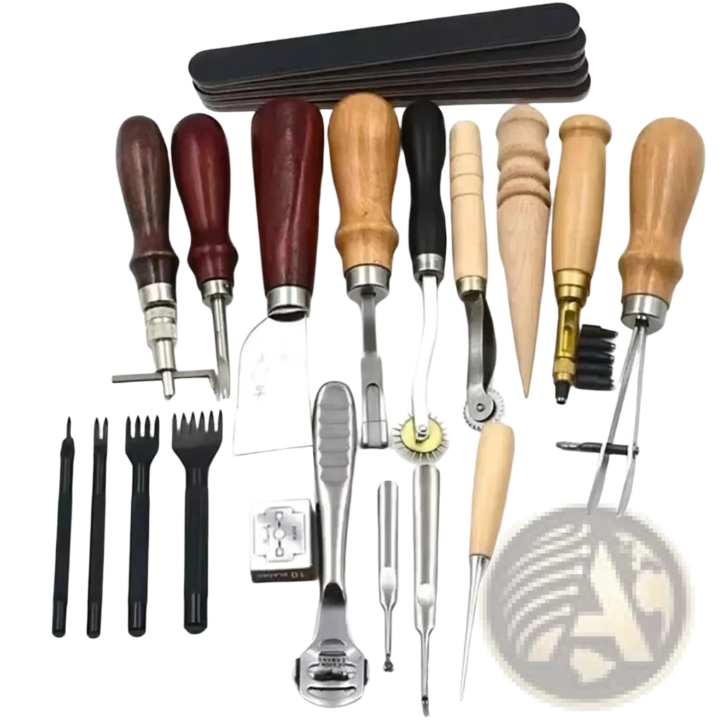 Leatherworking tool set with wooden handles and metal tips including punches awls cutters and finishing tools