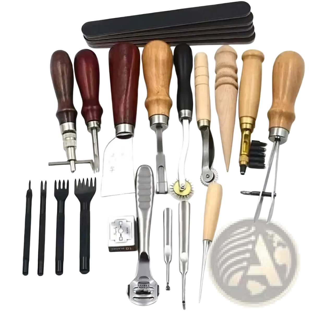 Leatherworking tool set with wooden handles and metal tips including punches awls cutters and finishing tools