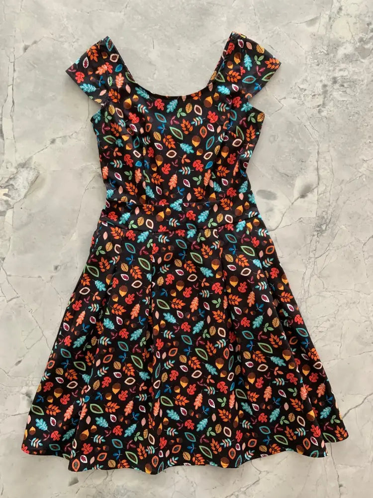 Margaret vintage leaves and acorns cotton a line black dress with colorful leaf pattern and short flutter sleeves