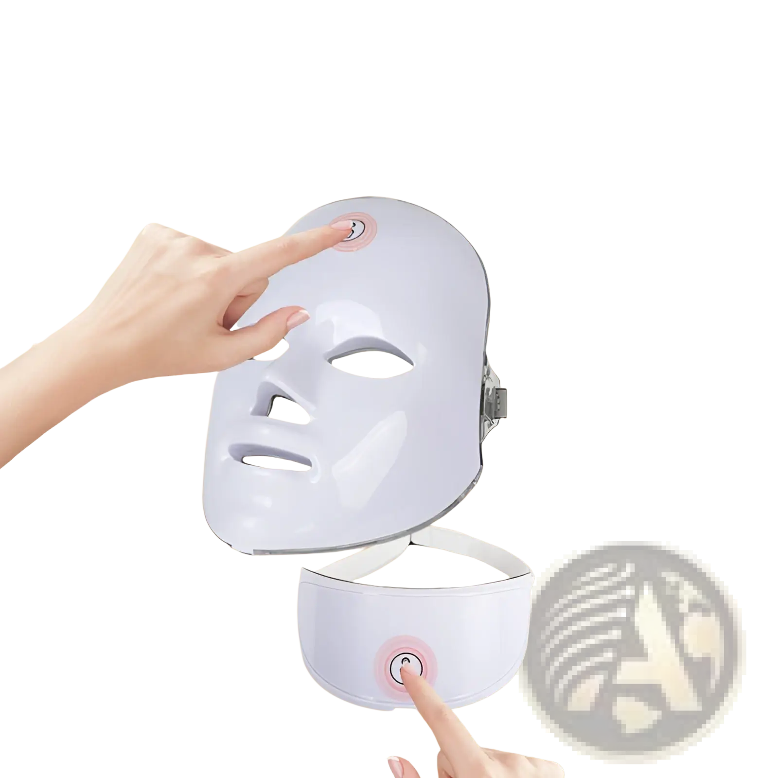 White LED beauty mask with sleek smooth surface and matching headband in LED facial mask and roller 3-in-1 set