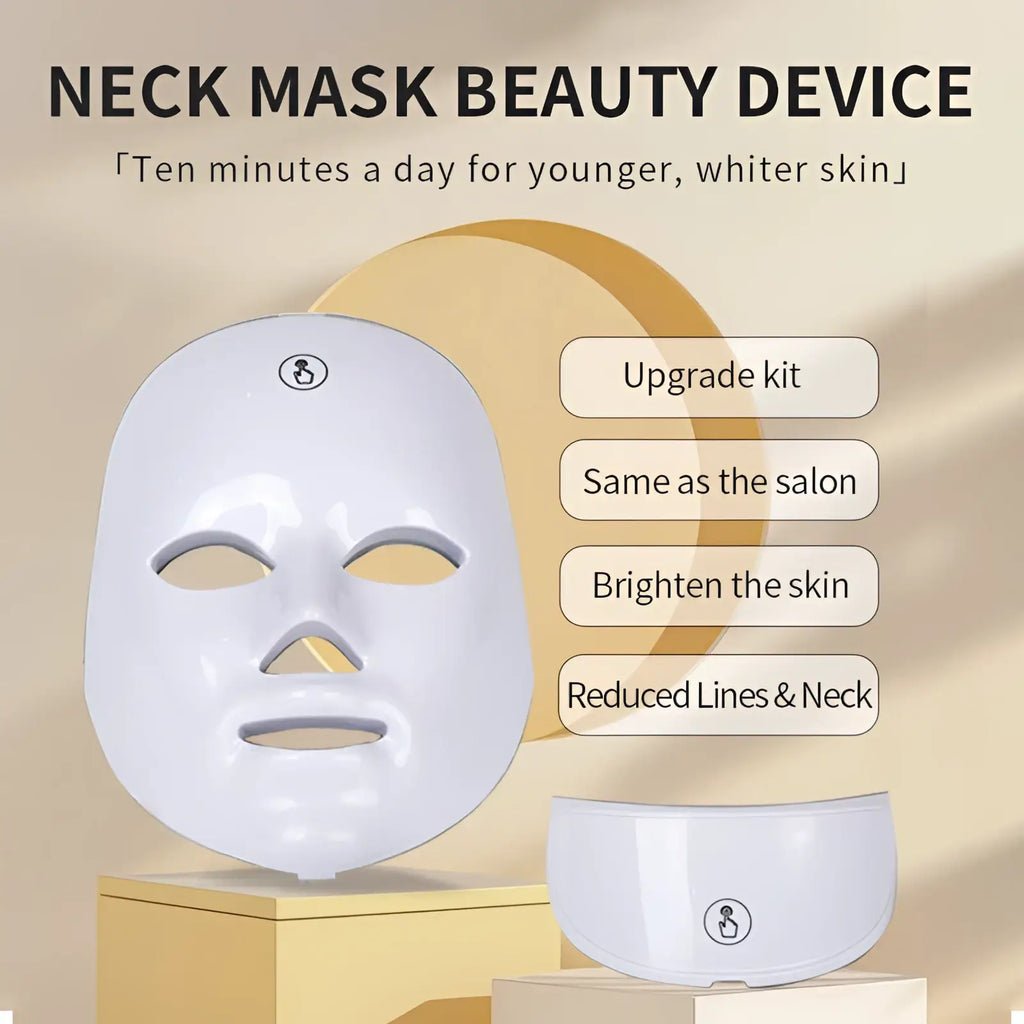 White led neck mask beauty device with sleek smooth surface and contoured design for facial contours in led beauty mask and roller 3-in-1 rejuvenation set