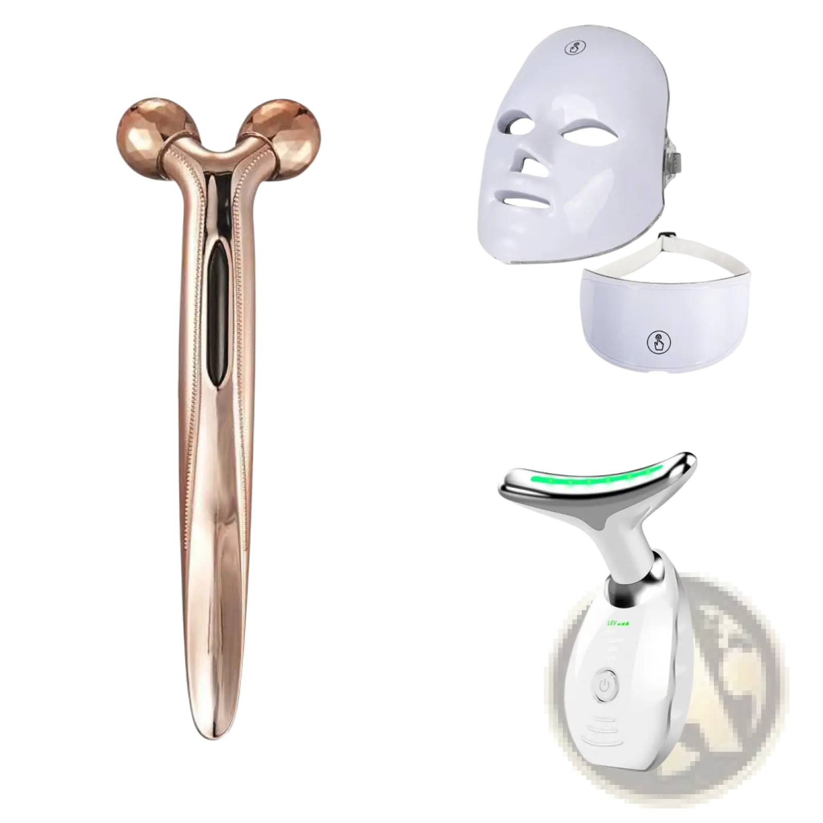 Rose gold facial roller with two spherical ends and sleek handle included in led beauty mask and roller 3-in-1 rejuvenation set