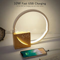 A sleek minimalist wooden led bedside lamp with circular led ring and digital clock display with alarm and natural sounds