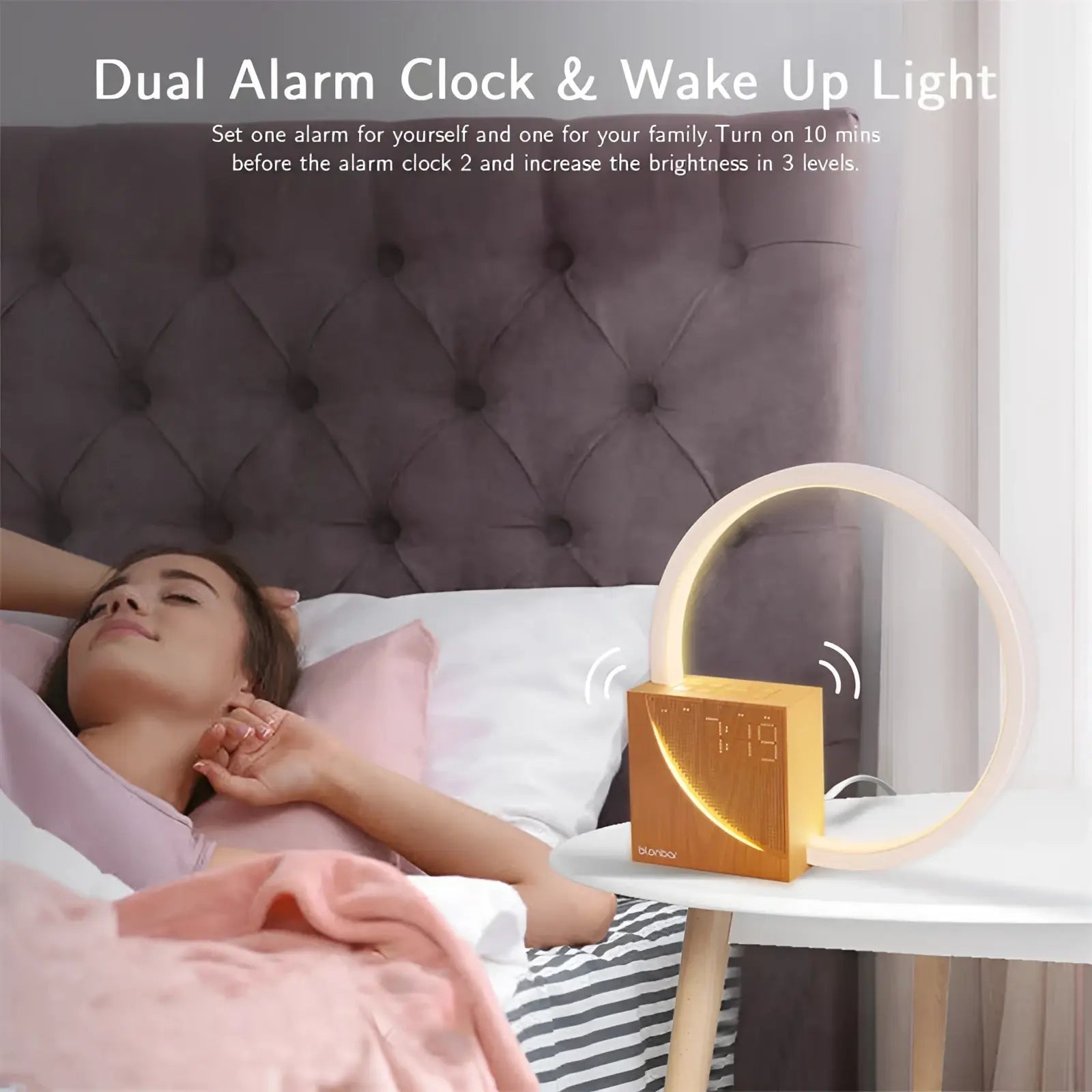 Gold-colored led bedside lamp with alarm clock featuring a circular led light ring and modern minimalist design