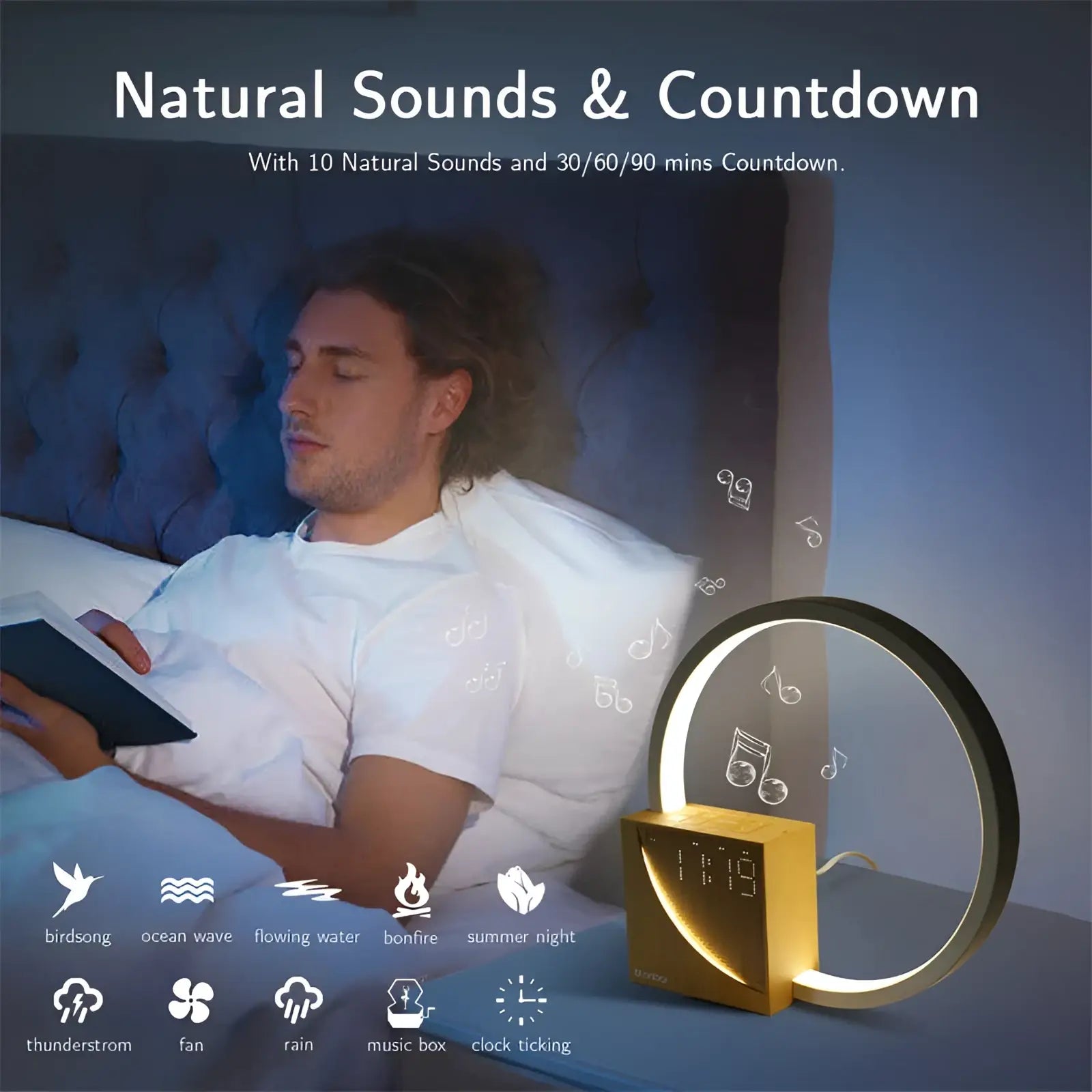 Gold-colored circular led bedside lamp with digital display and ambient lighting ring featuring alarm clock and natural sounds