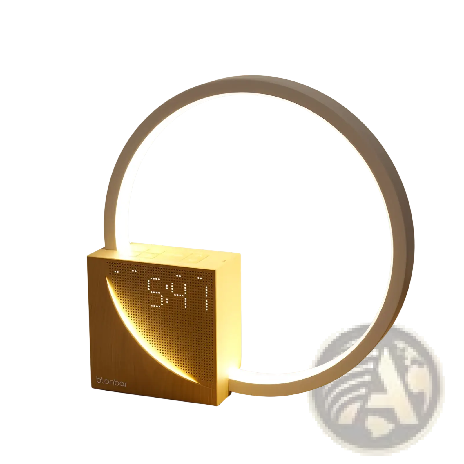 A modern led bedside lamp with a circular led ring and square wooden base displaying digital time 5:47