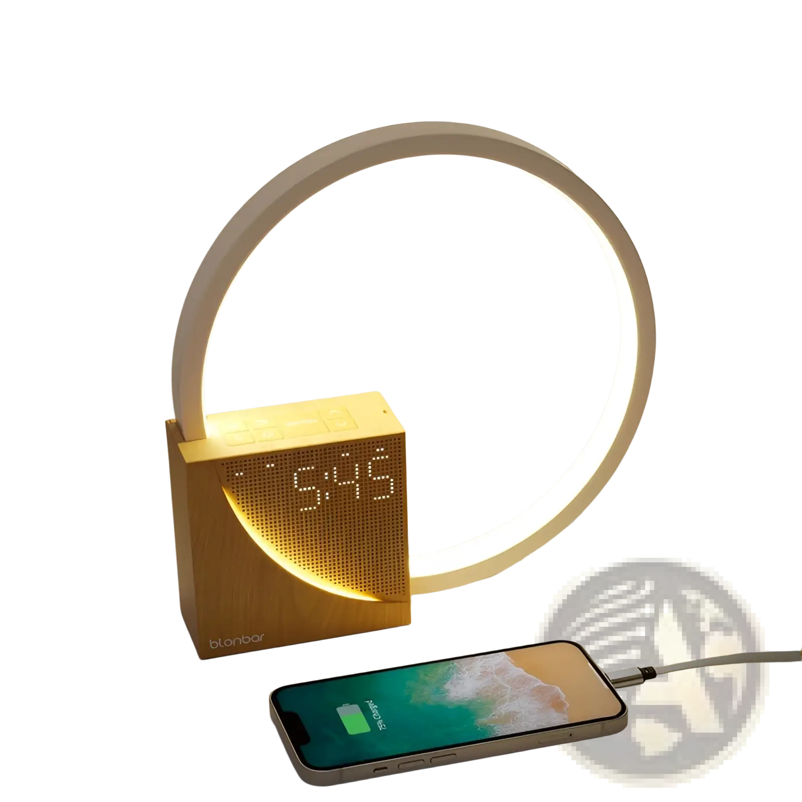 Modern wooden cube-shaped alarm clock with glowing led ring digital time display and 10w usb fast charging