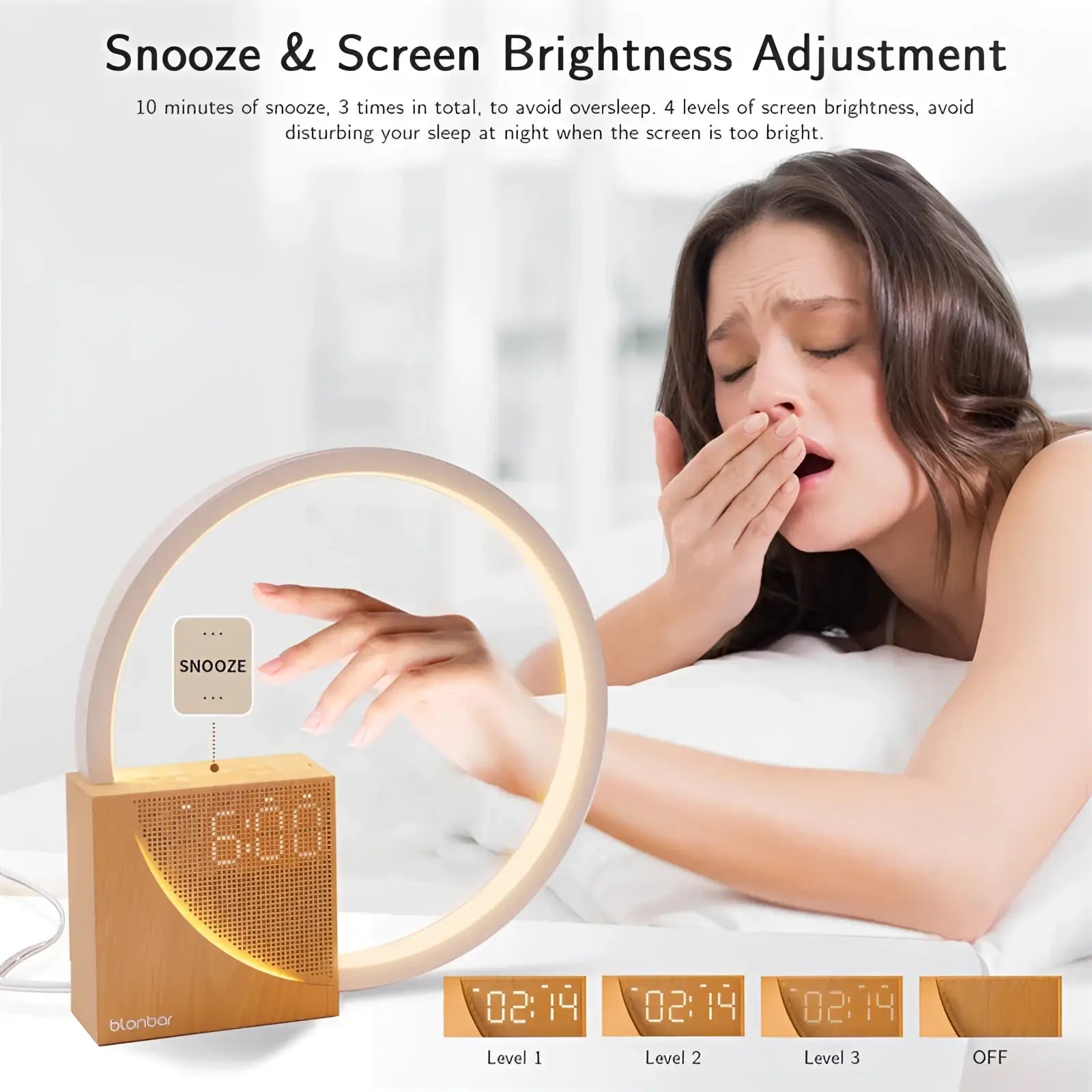 A sleek minimalist wooden led bedside lamp with alarm clock and natural sounds showing 6 00 on digital display