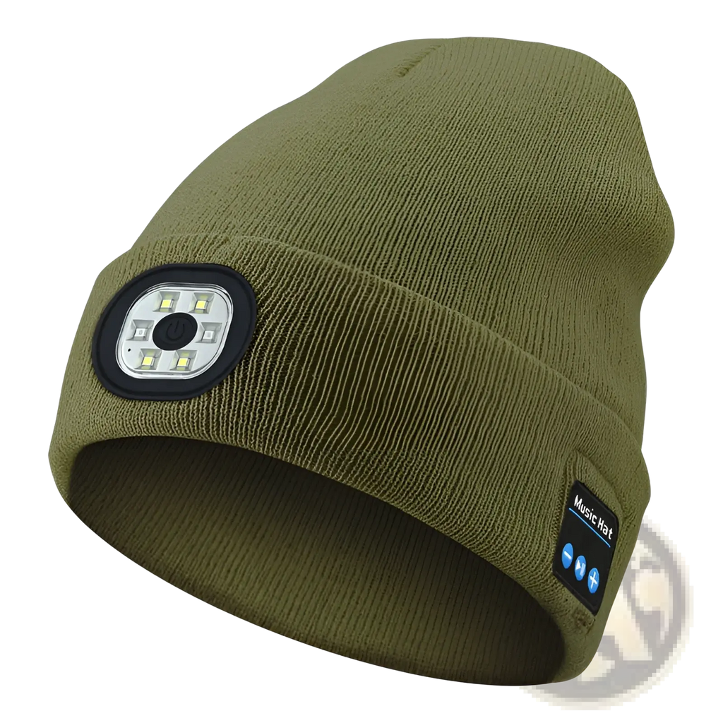 Olive green knit led bluetooth beanie hat with rechargeable battery washable fabric and integrated music controls