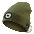 Olive green knit led bluetooth beanie hat with rechargeable battery washable fabric and integrated music controls