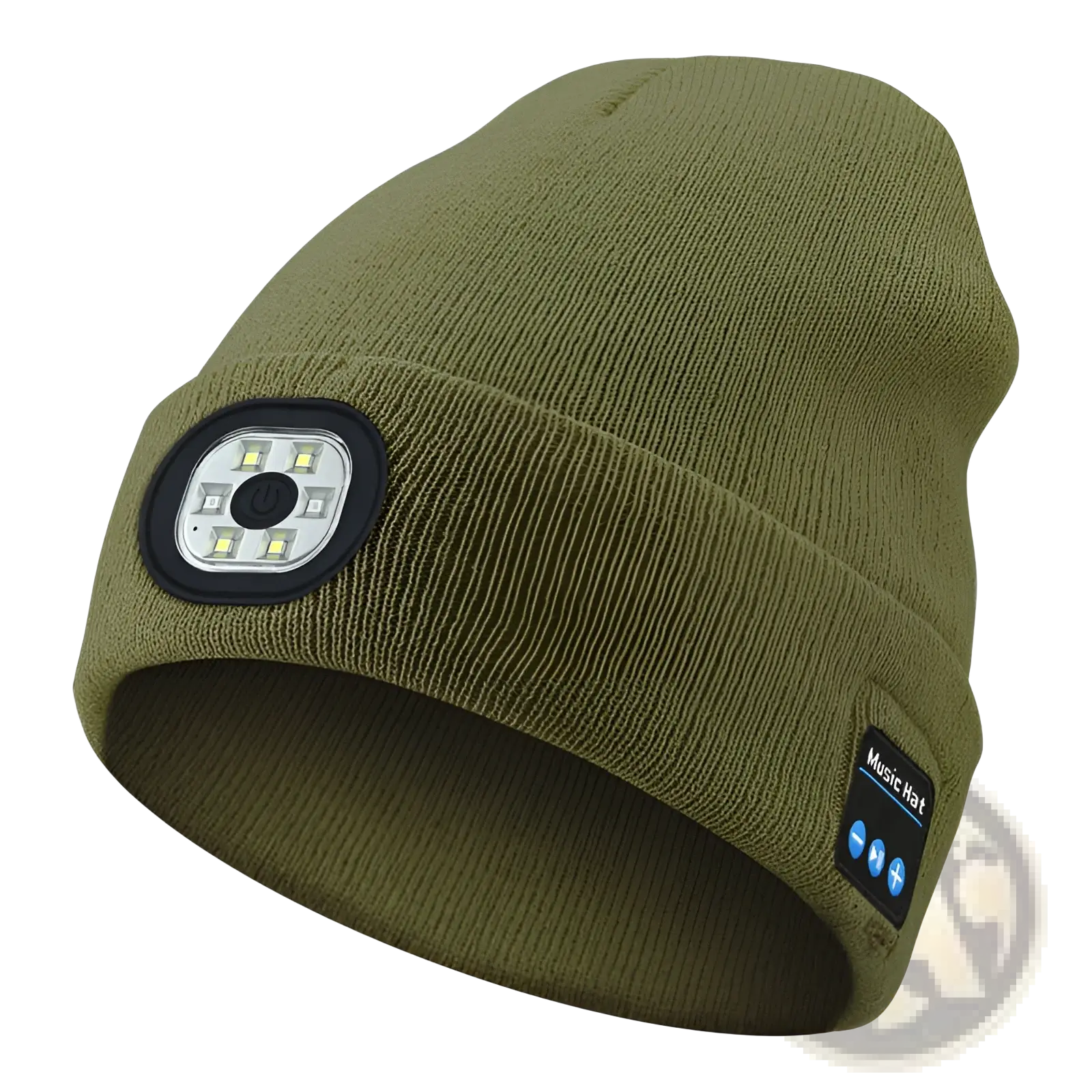 Olive green knit led bluetooth beanie hat with rechargeable battery washable fabric and integrated music controls