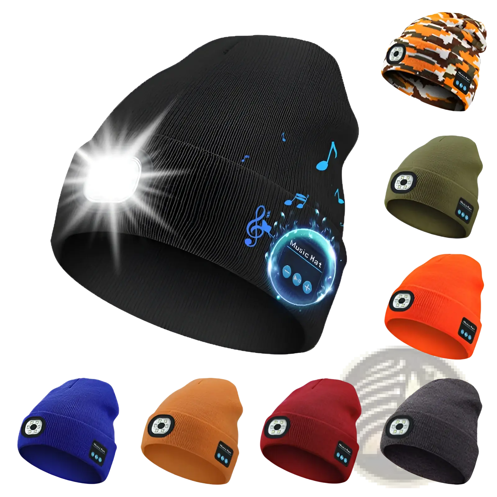 Black knit led bluetooth beanie hat with rechargeable washable fabric and blue musical note graphics on the side