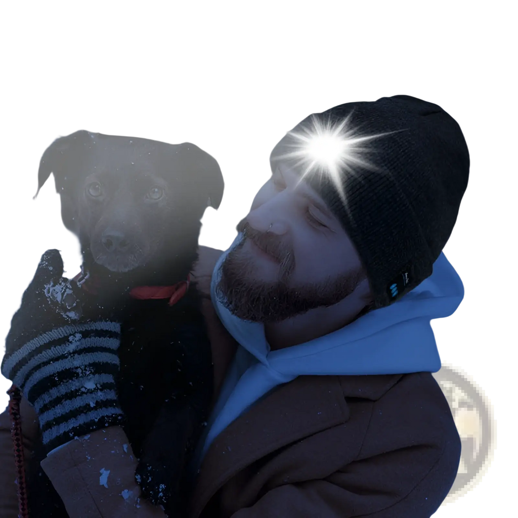 Black knit beanie hat with integrated led headlamp rechargeable and washable for hands-free outdoor use
