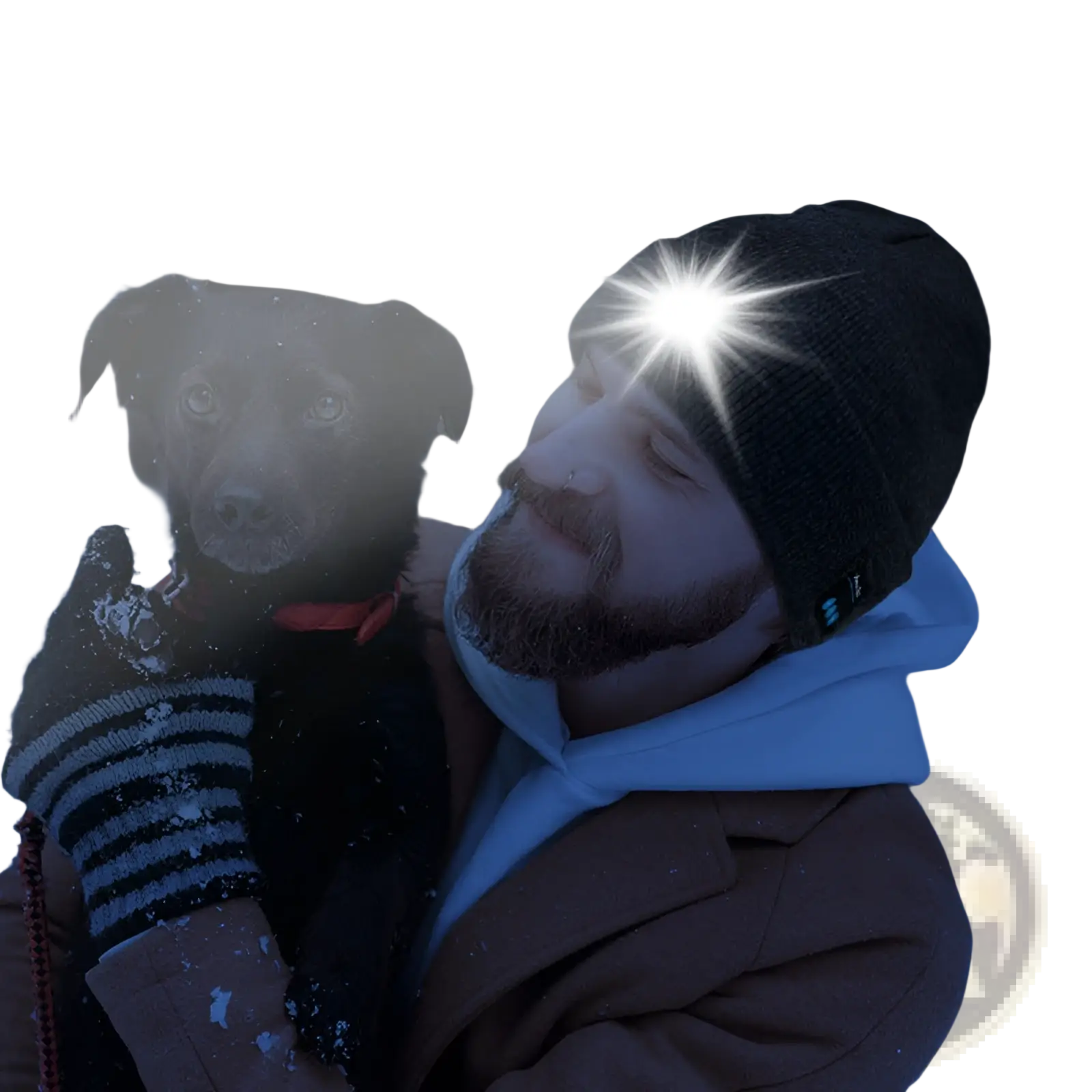 Black knit beanie hat with integrated led headlamp rechargeable and washable for hands-free outdoor use