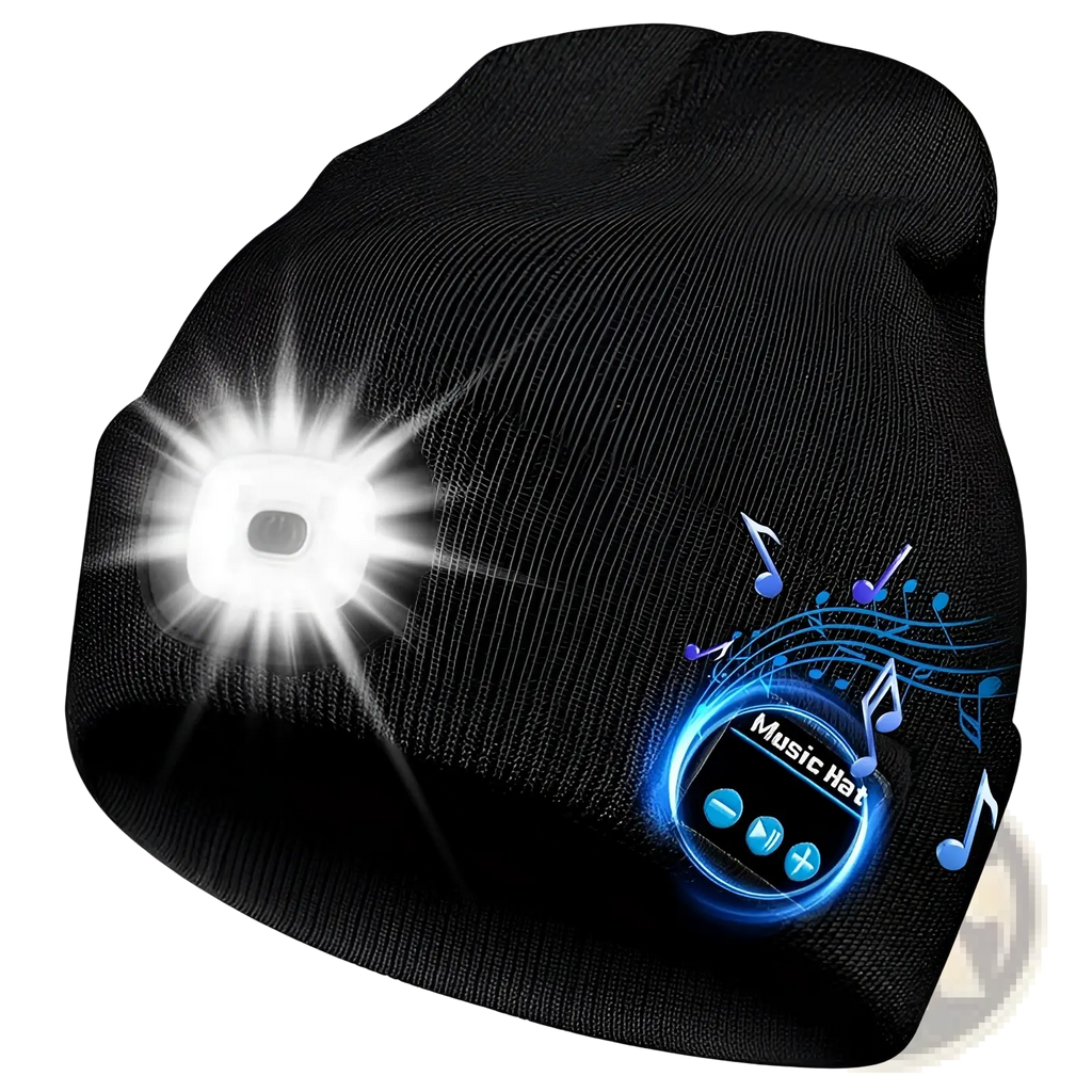 Black knit beanie hat with integrated led light and bluetooth music player rechargeable and washable design