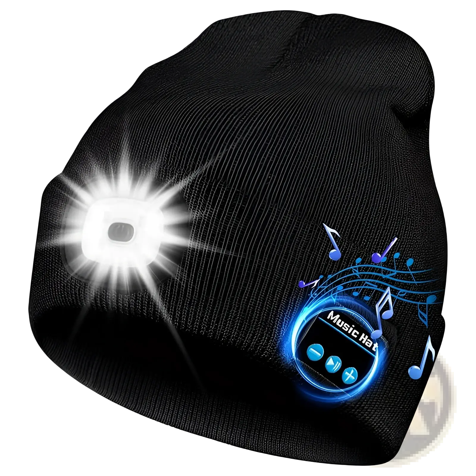 Black knit beanie hat with integrated led light and bluetooth music player rechargeable and washable design