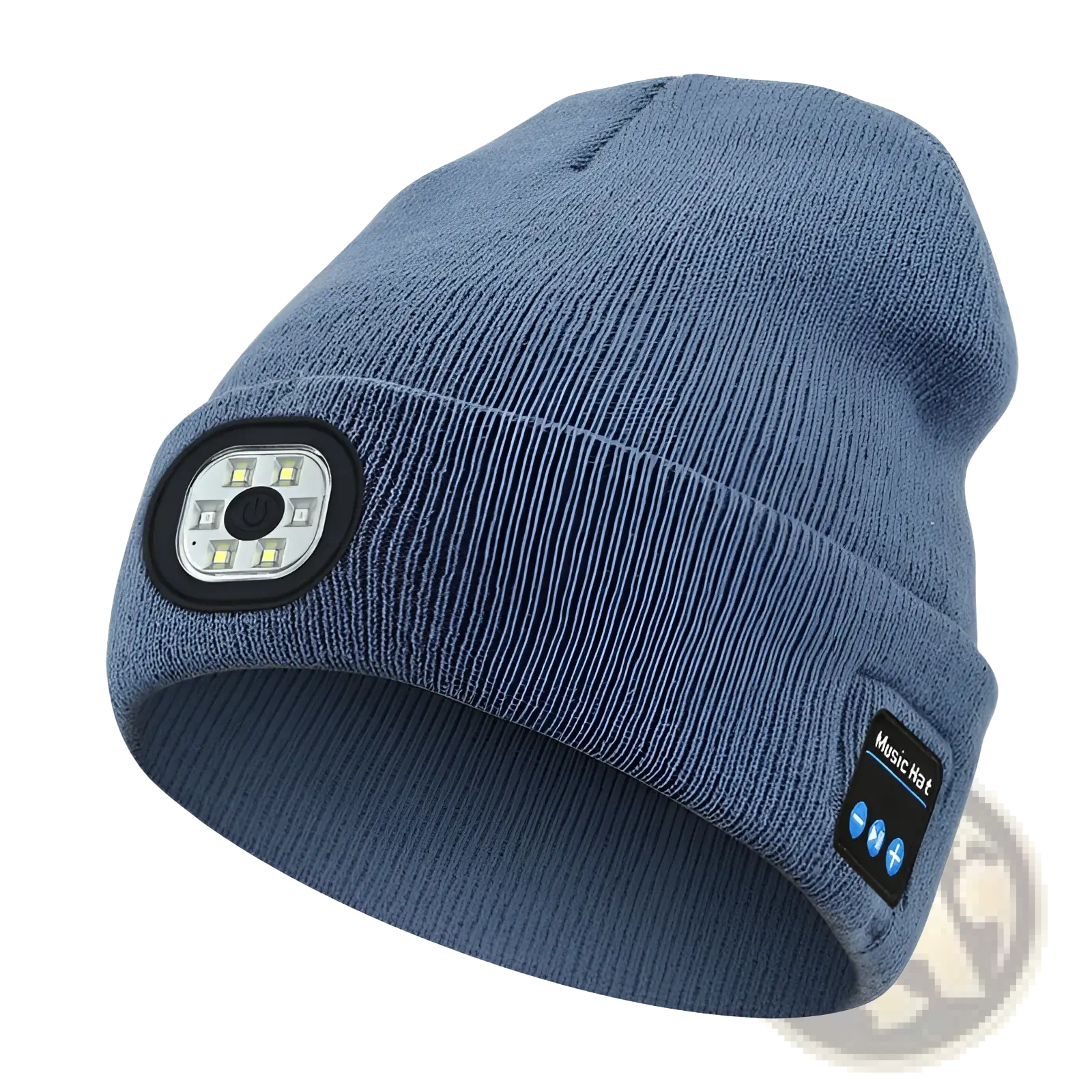 Blue knitted beanie hat with integrated led light and bluetooth music controls rechargeable and washable