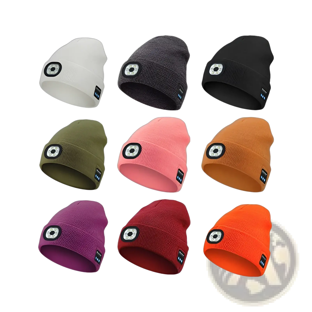 Nine rechargeable washable led bluetooth beanie hats in assorted colors with circular logo buttons on front