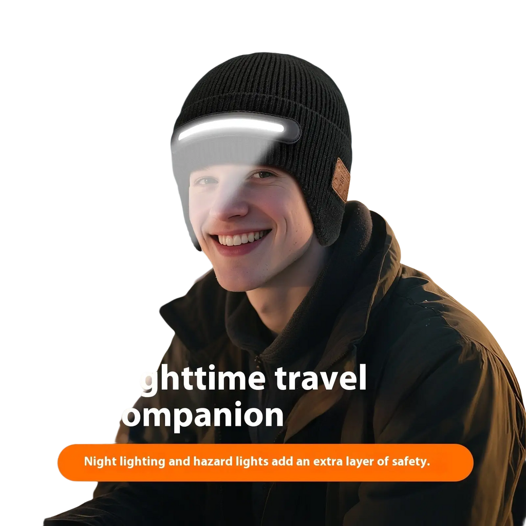 Black knitted led bluetooth beanie hat with integrated light strip designed for running and outdoor activities