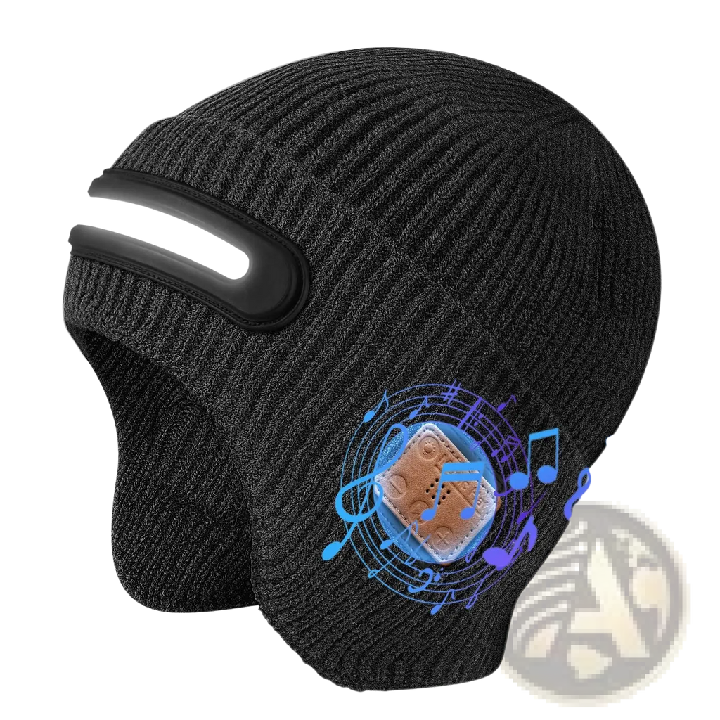 Black knitted led bluetooth beanie hat with integrated light strip and speaker module for running use shown from the back